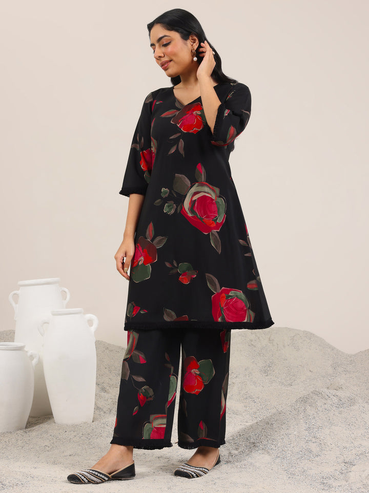 Black Printed Silk Blend A-Line Kurta Set