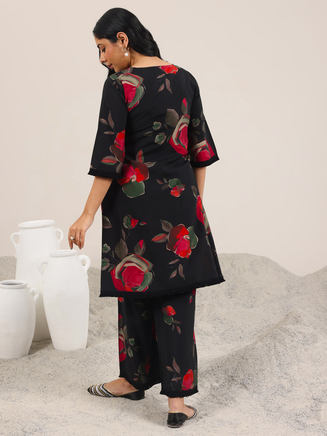 Black Printed Silk Blend A-Line Kurta Set