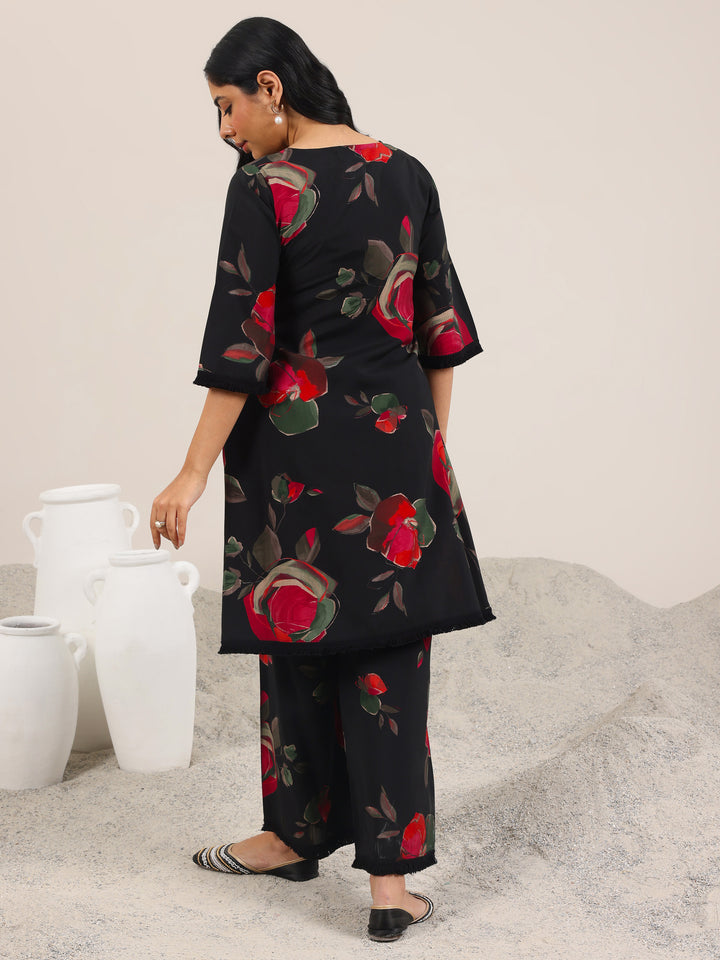 Black Printed Silk Blend A-Line Kurta Set