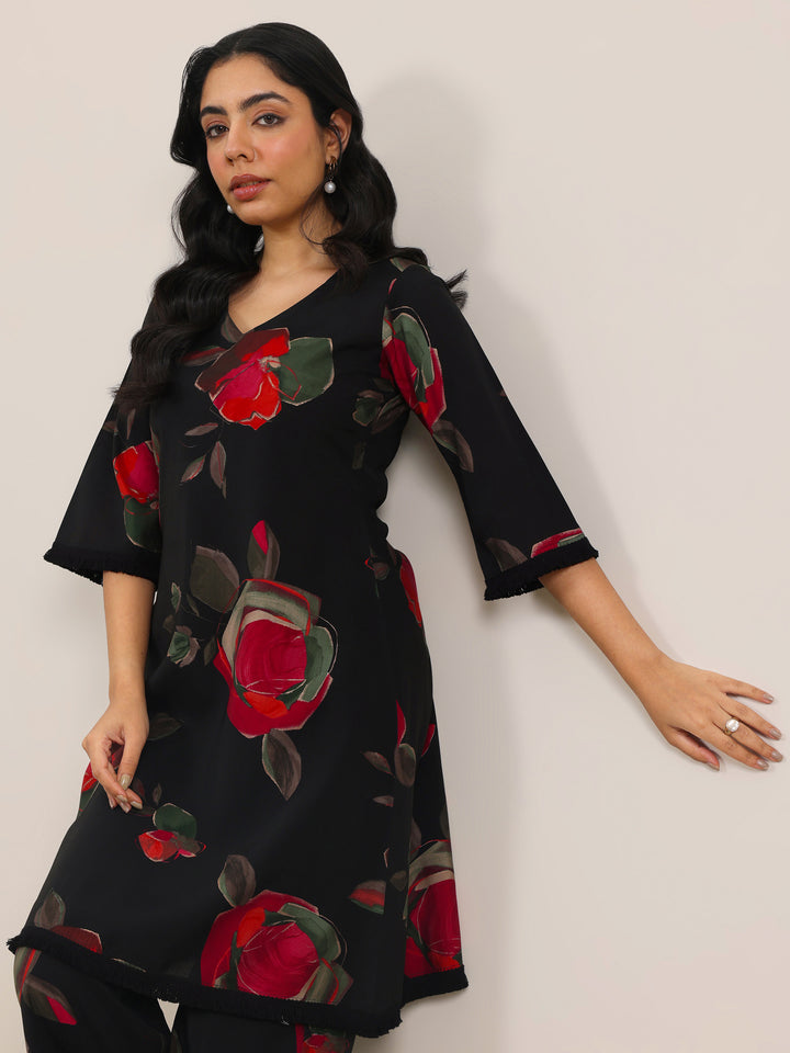 Black Printed Silk Blend A-Line Kurta Set