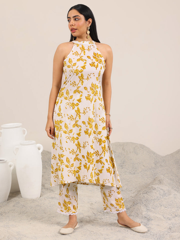 Off White Printed Pure Cotton A-Line Kurta Set