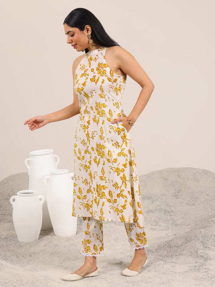 Off White Printed Pure Cotton A-Line Kurta Set