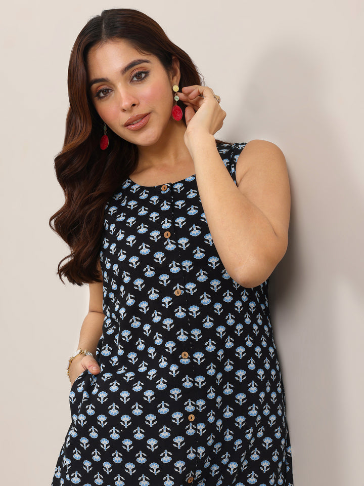 Blue Printed Pure Cotton A-Line Kurta Set