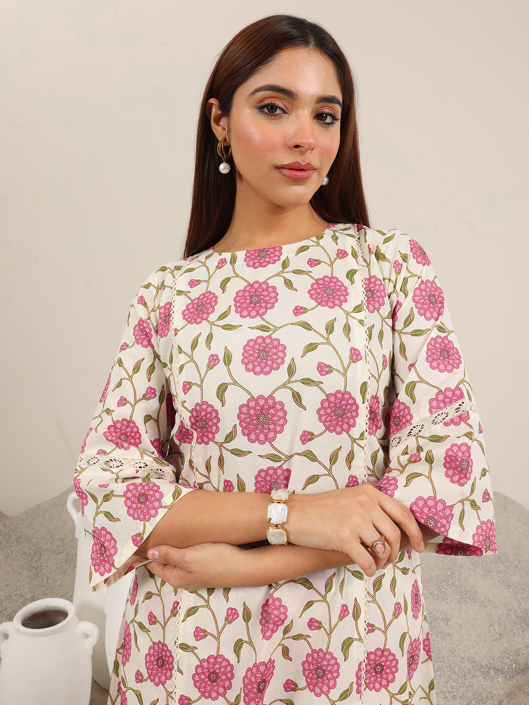 Off White Printed Pure Cotton Straight Kurta Set