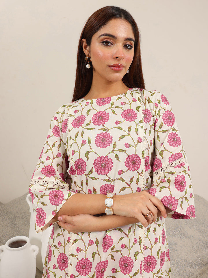 Off White Printed Pure Cotton Straight Kurta Set