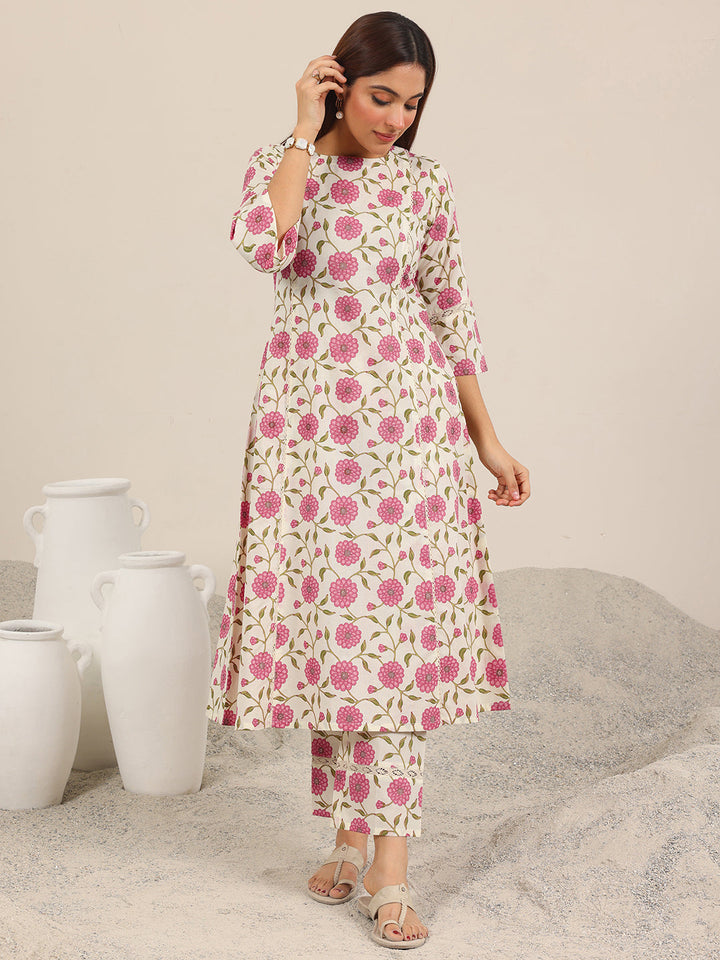 Off White Printed Pure Cotton Straight Kurta Set