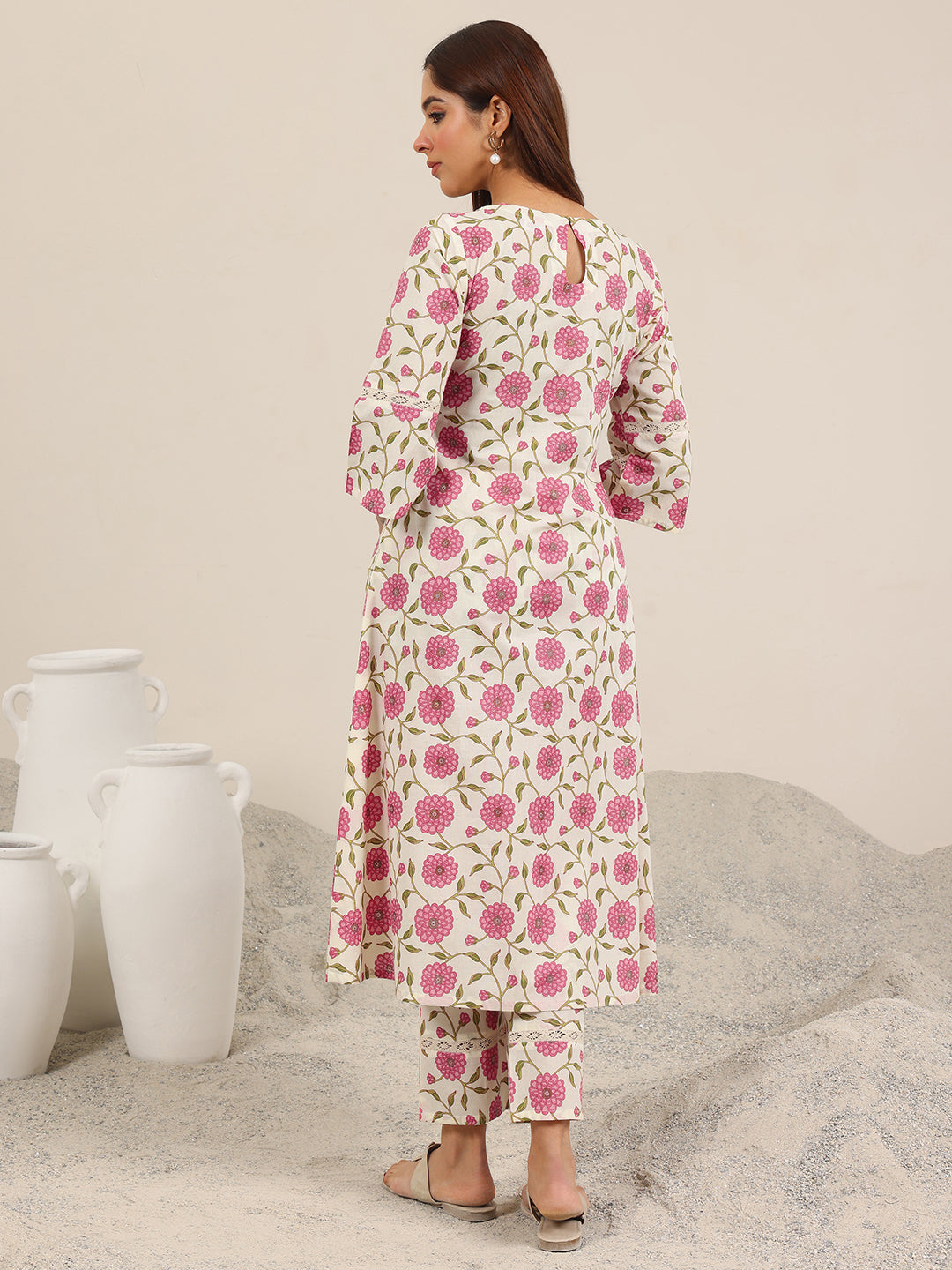 Off White Printed Pure Cotton Straight Kurta Set