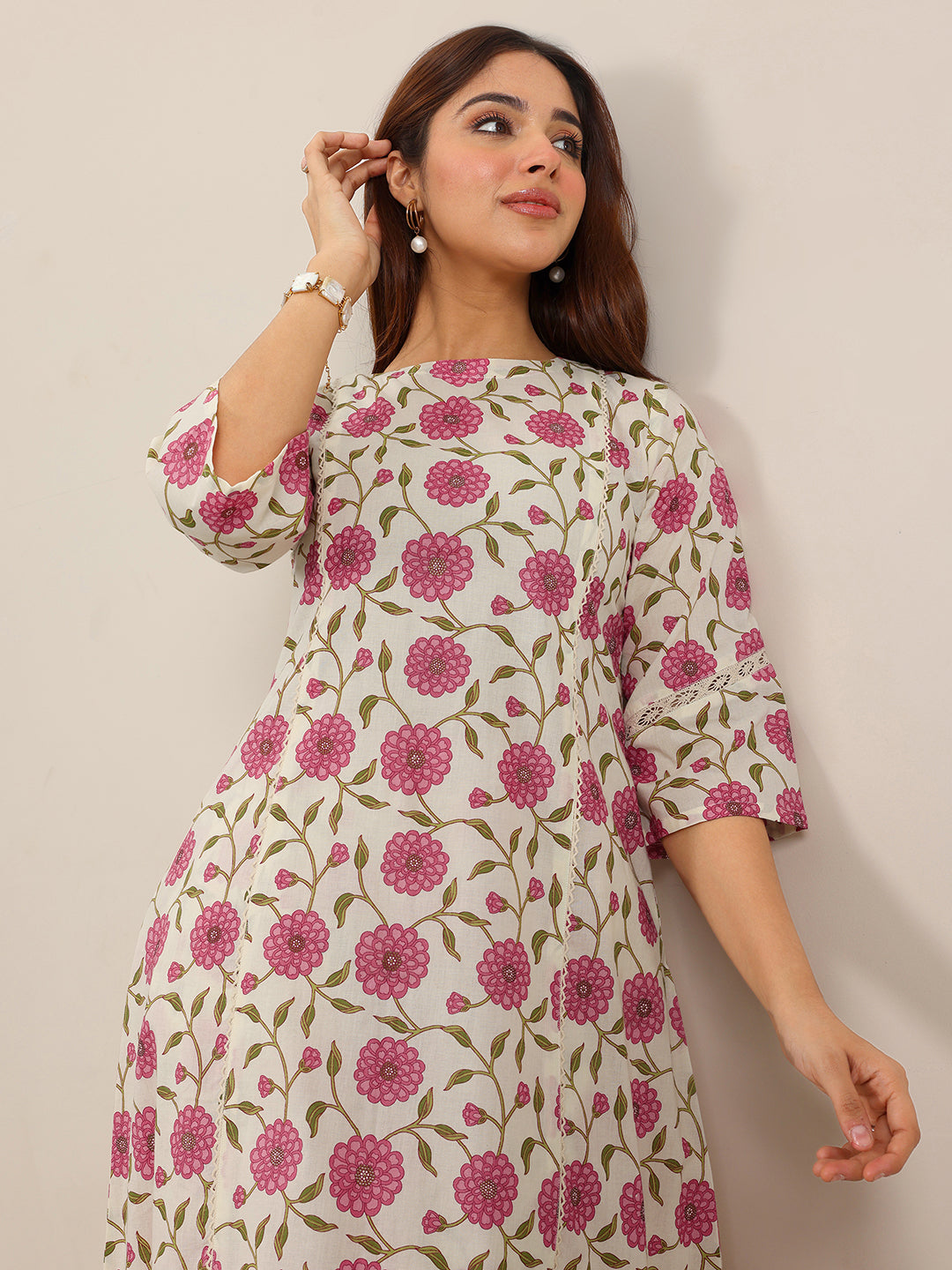 Off White Printed Pure Cotton Straight Kurta Set