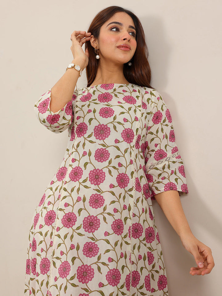 Off White Printed Pure Cotton Straight Kurta Set