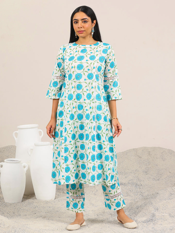 Off White Printed Pure Cotton Straight Kurta Set