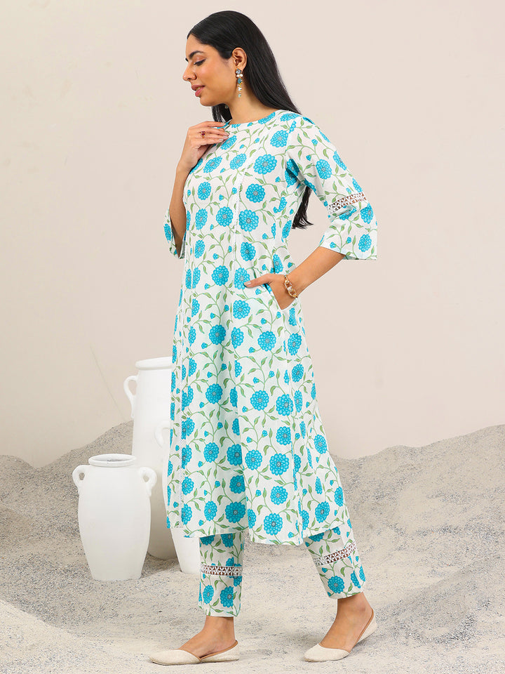 Off White Printed Pure Cotton Straight Kurta Set
