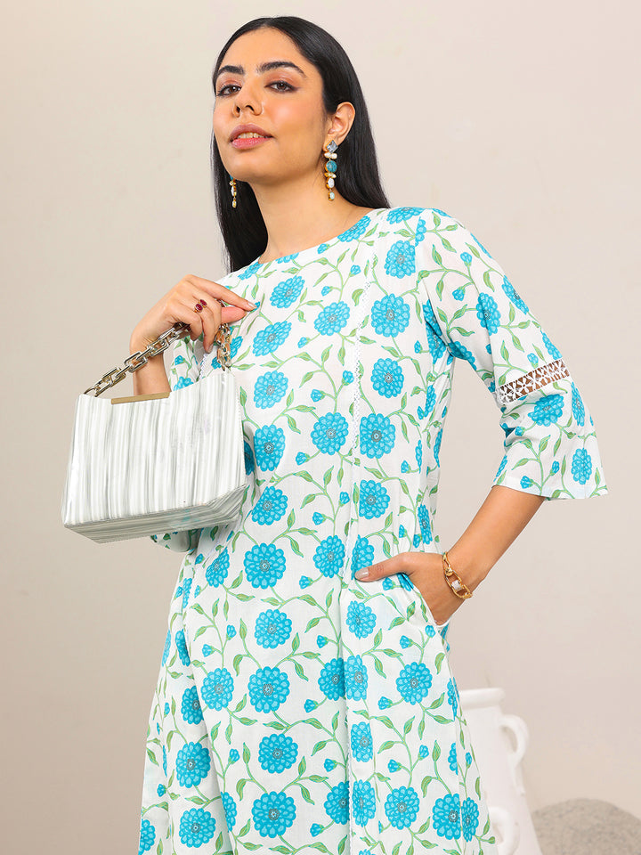 Off White Printed Pure Cotton Straight Kurta Set