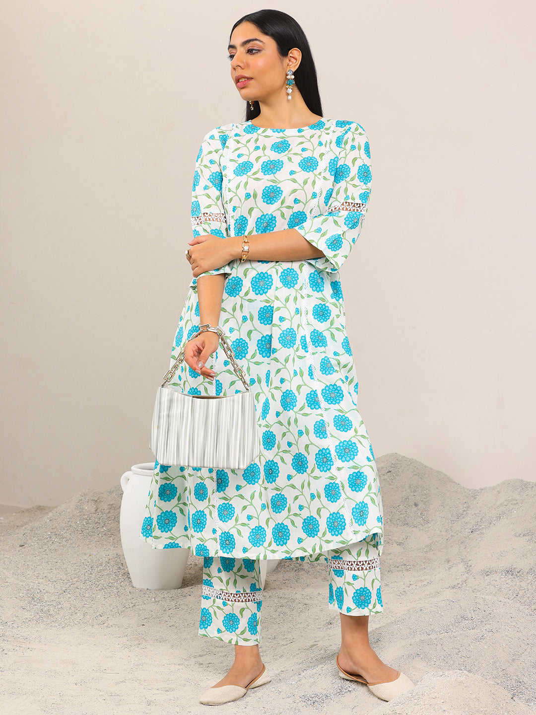 Off White Printed Pure Cotton Straight Kurta Set