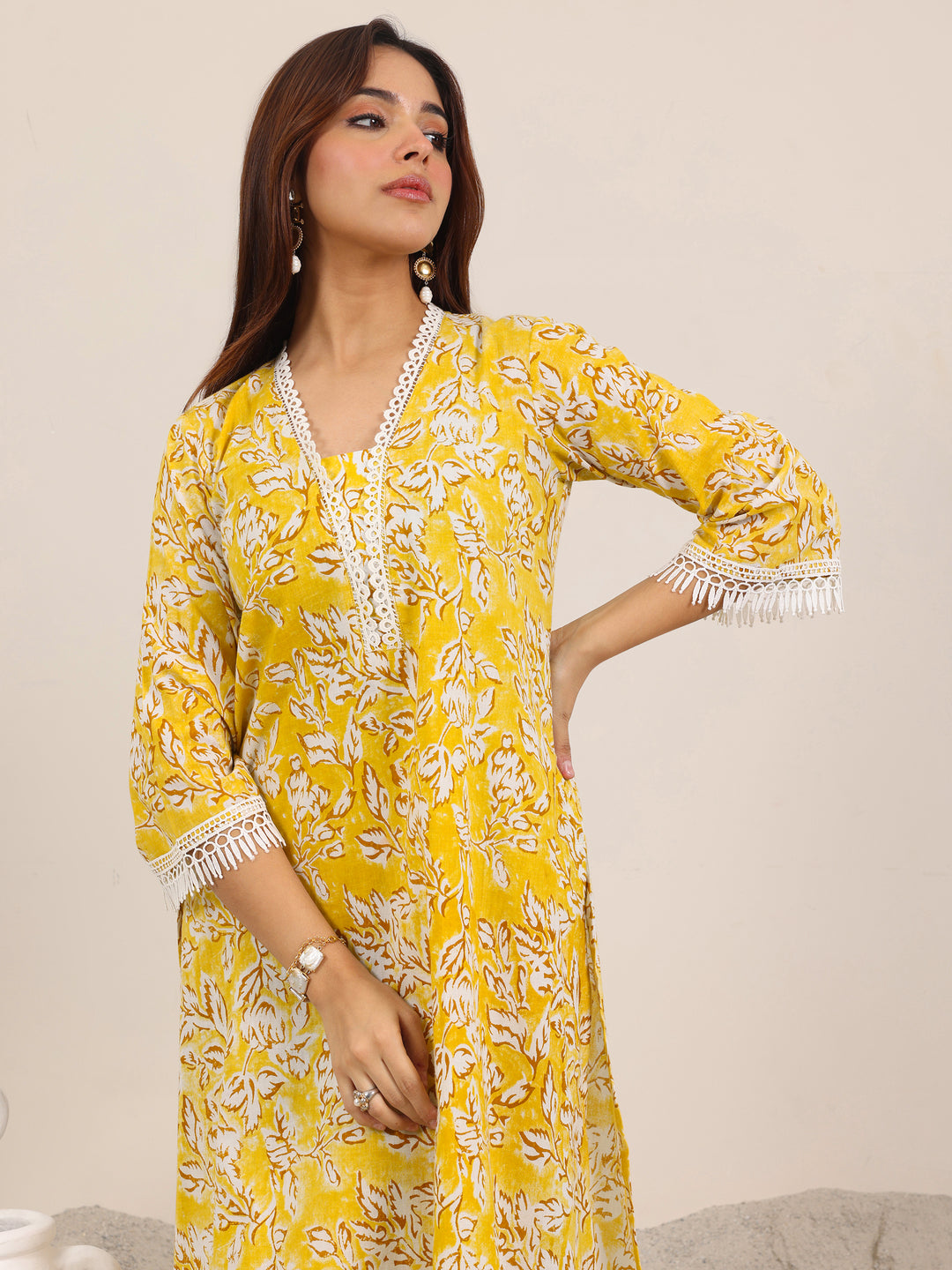 Mustard Printed Pure Cotton Straight Kurta Set
