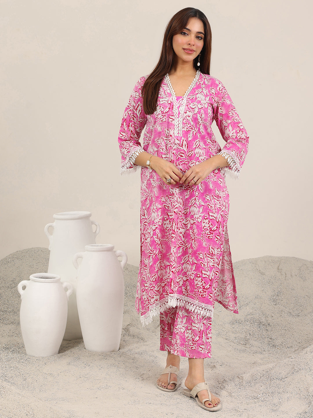 Pink Printed Pure Cotton Straight Kurta Set