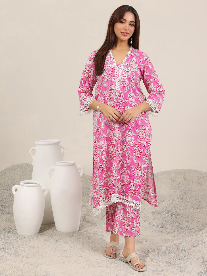 Pink Printed Pure Cotton Straight Kurta Set