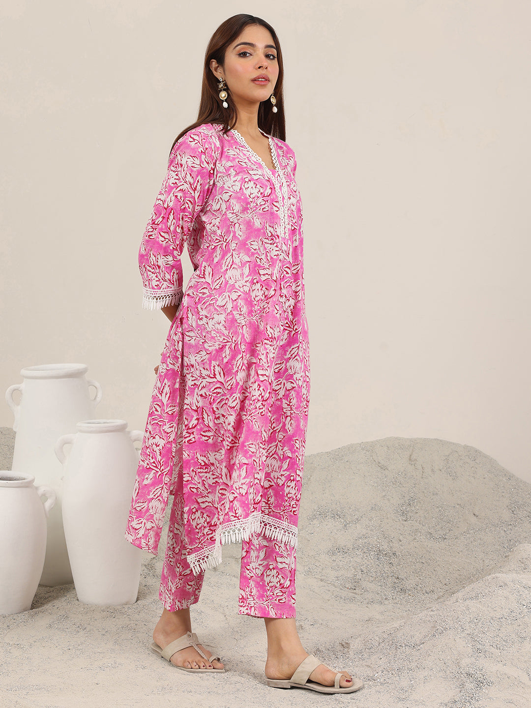 Pink Printed Pure Cotton Straight Kurta Set