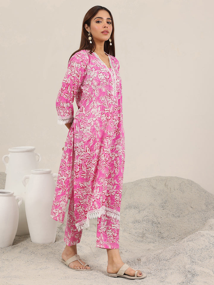 Pink Printed Pure Cotton Straight Kurta Set