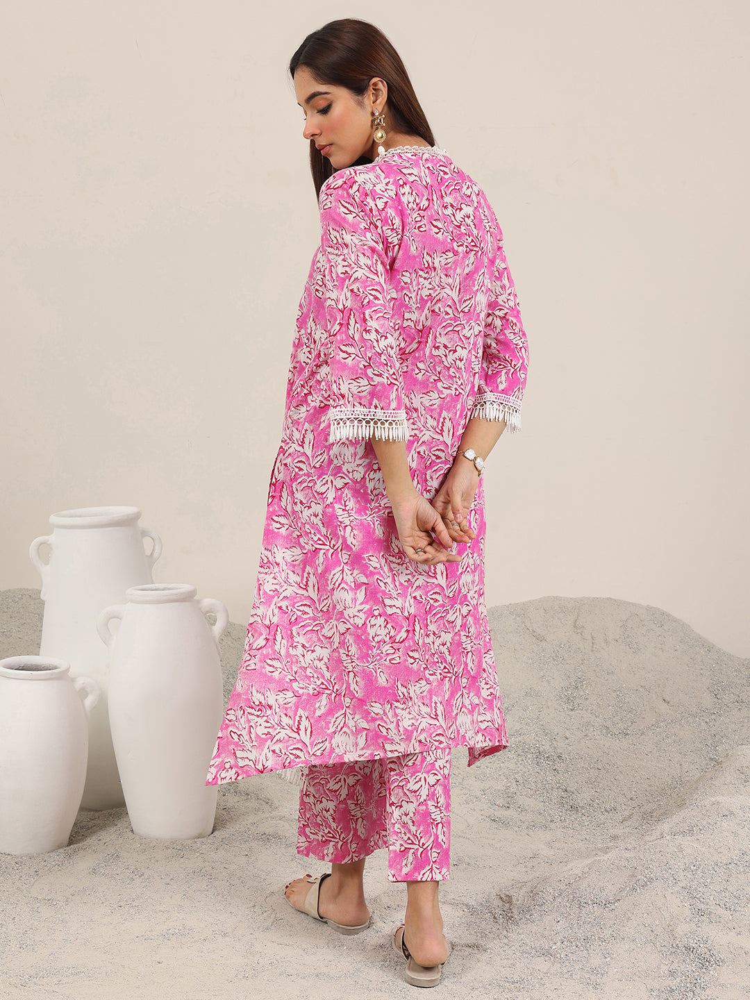 Pink Printed Pure Cotton Straight Kurta Set