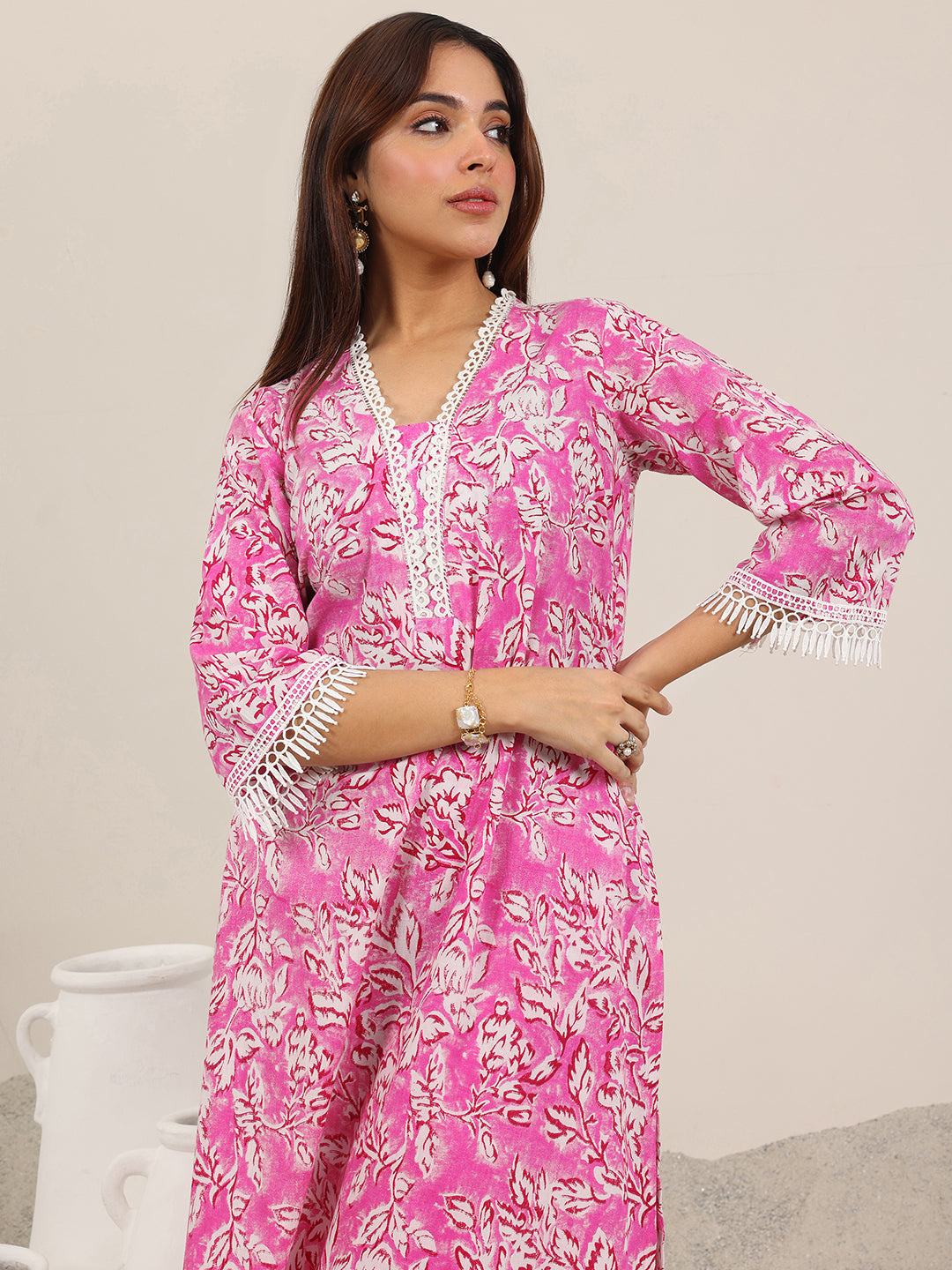 Pink Printed Pure Cotton Straight Kurta Set