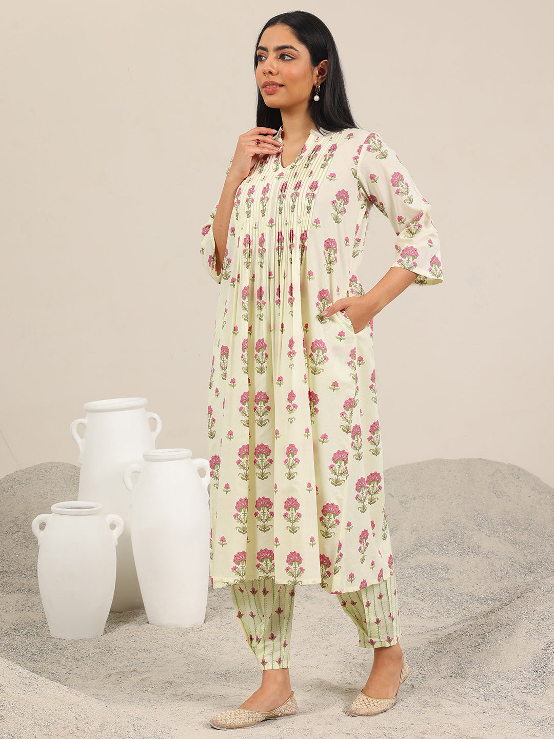Off White Printed Pure Cotton Straight Kurta Set