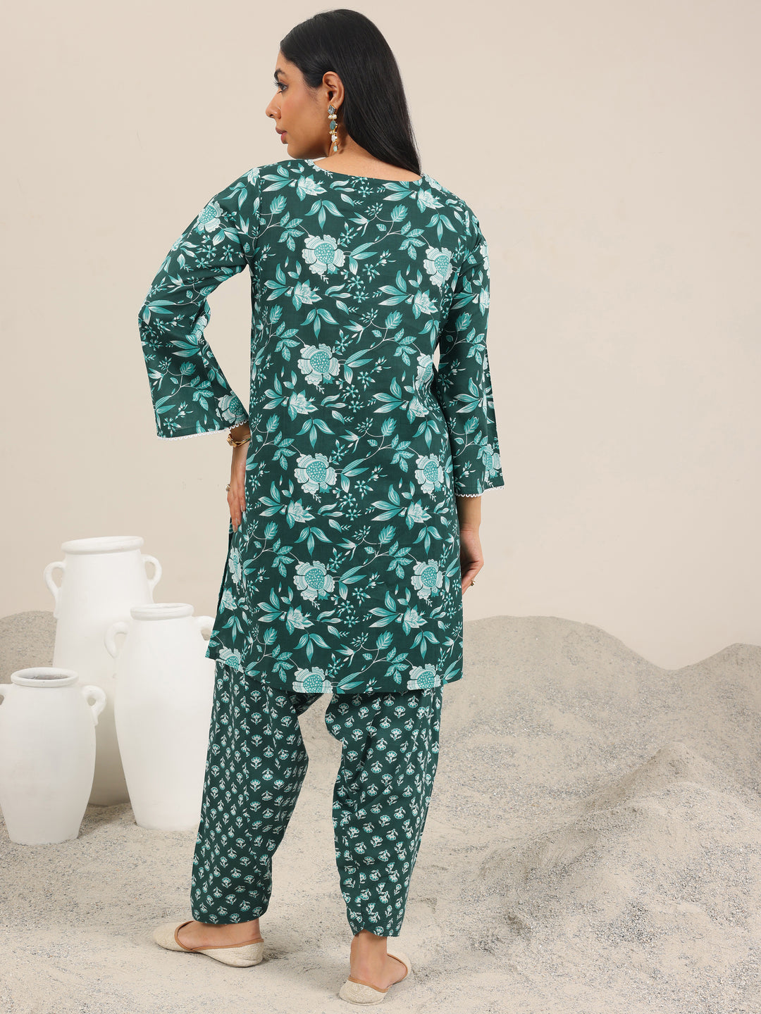 Green Printed Pure Cotton Straight Kurta Set