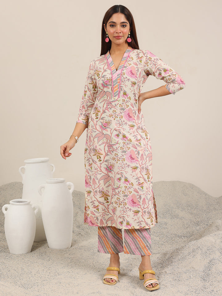 Off White Printed Pure Cotton Straight Kurta Set
