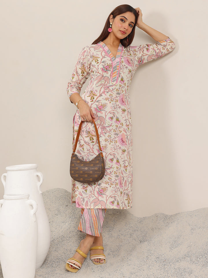 Off White Printed Pure Cotton Straight Kurta Set