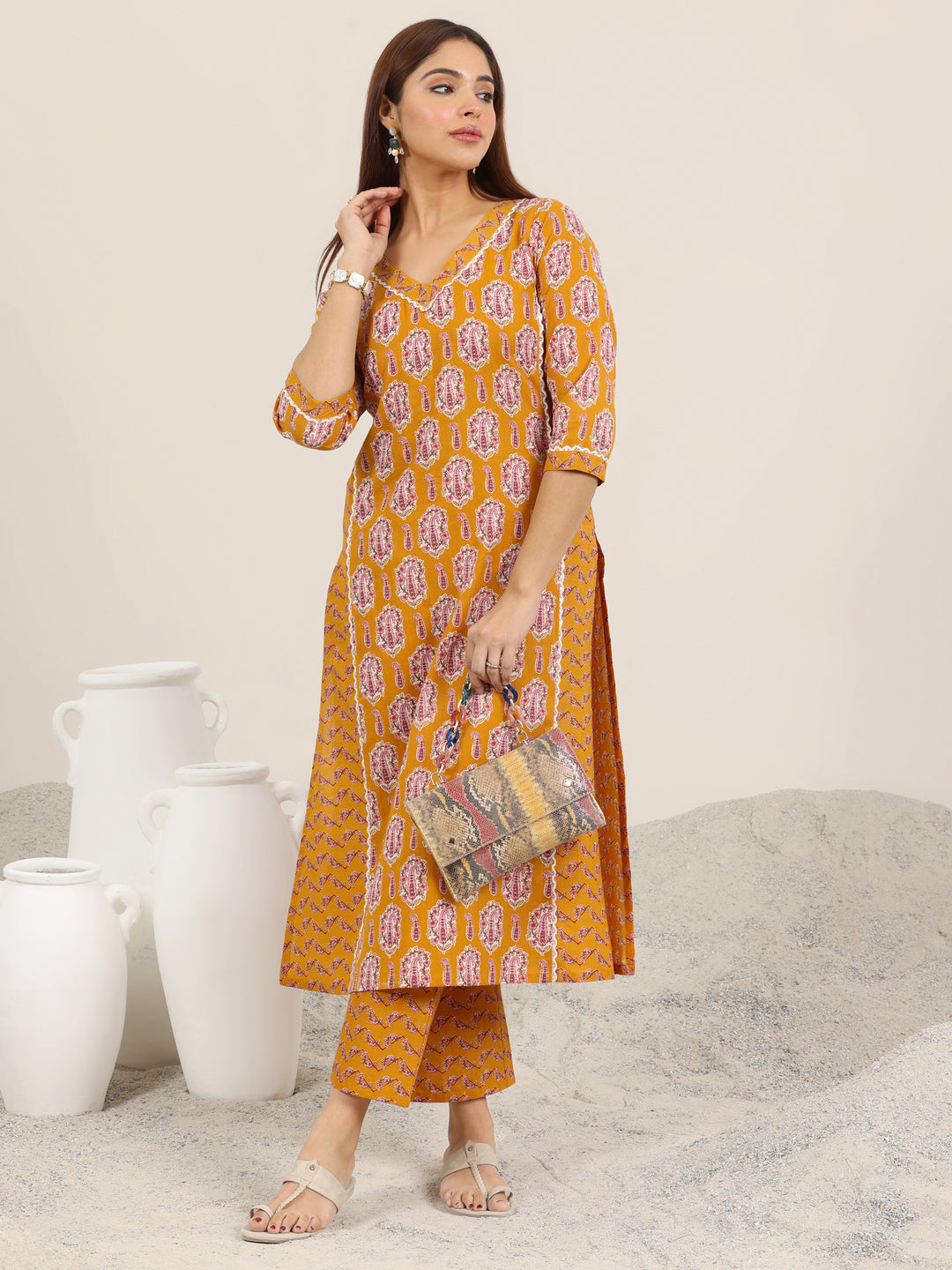 Mustard Printed Pure Cotton Straight Kurta Set