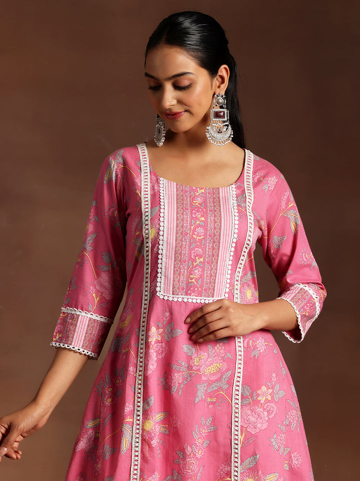 Rukhsaar Pink Printed Cotton A-Line Kurta With Palazzos
