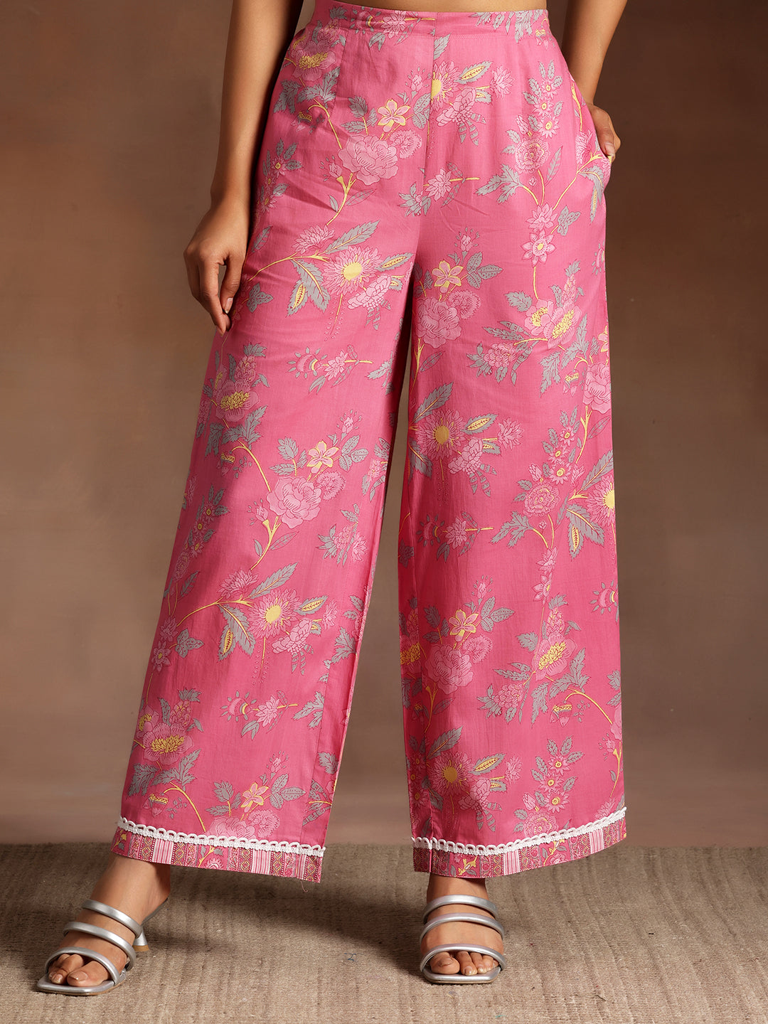 Rukhsaar Pink Printed Cotton A-Line Kurta With Palazzos