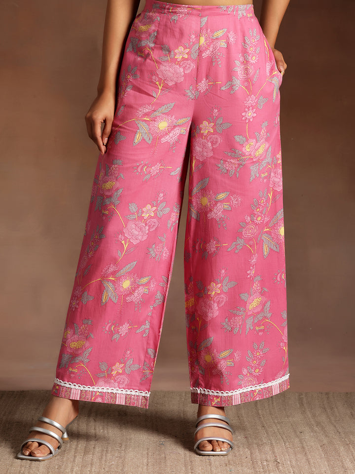 Rukhsaar Pink Printed Cotton A-Line Kurta With Palazzos