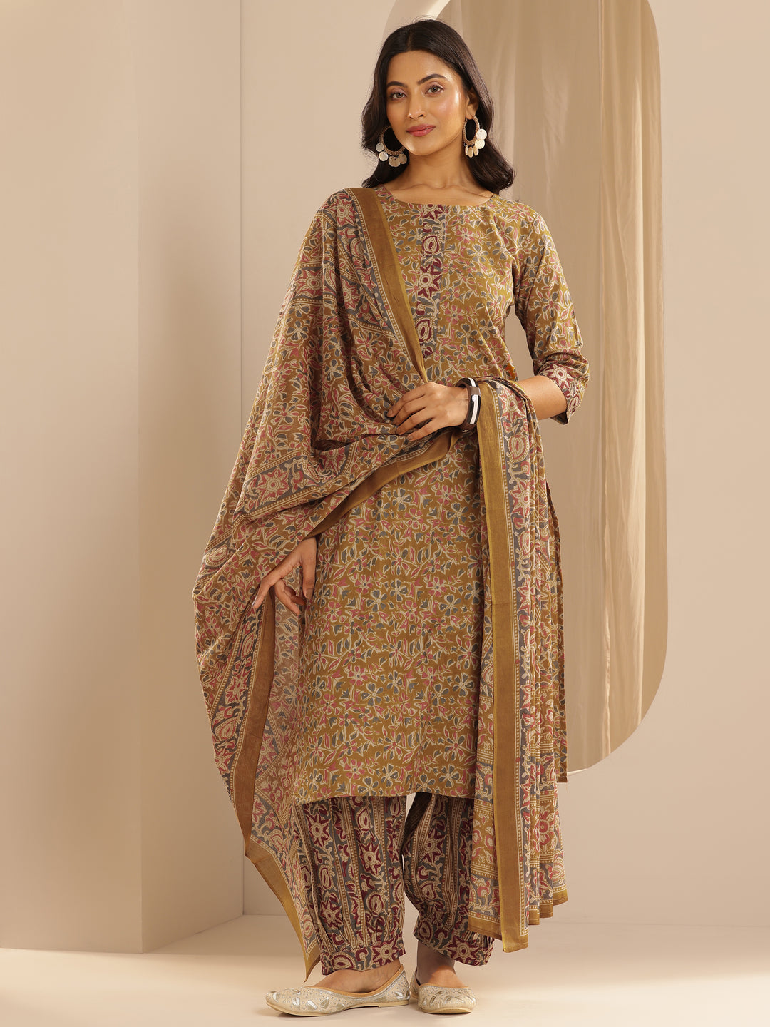 Mustard Printed Cotton Straight Suit With Dupatta