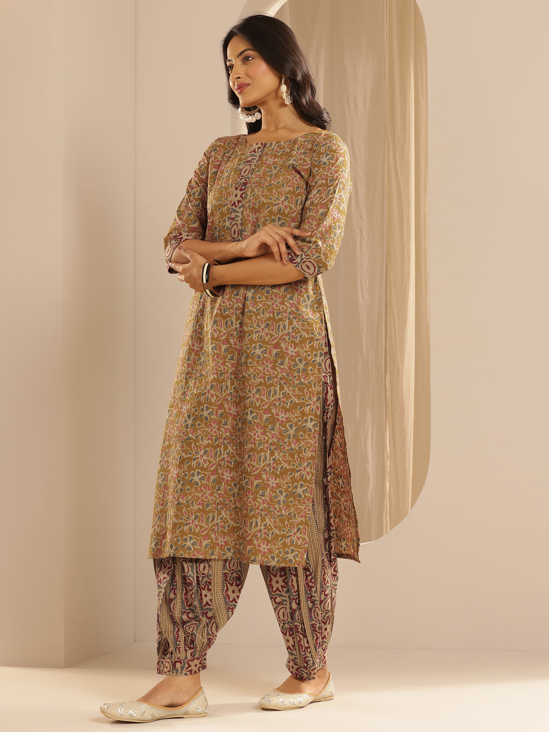 Mustard Printed Cotton Straight Suit With Dupatta