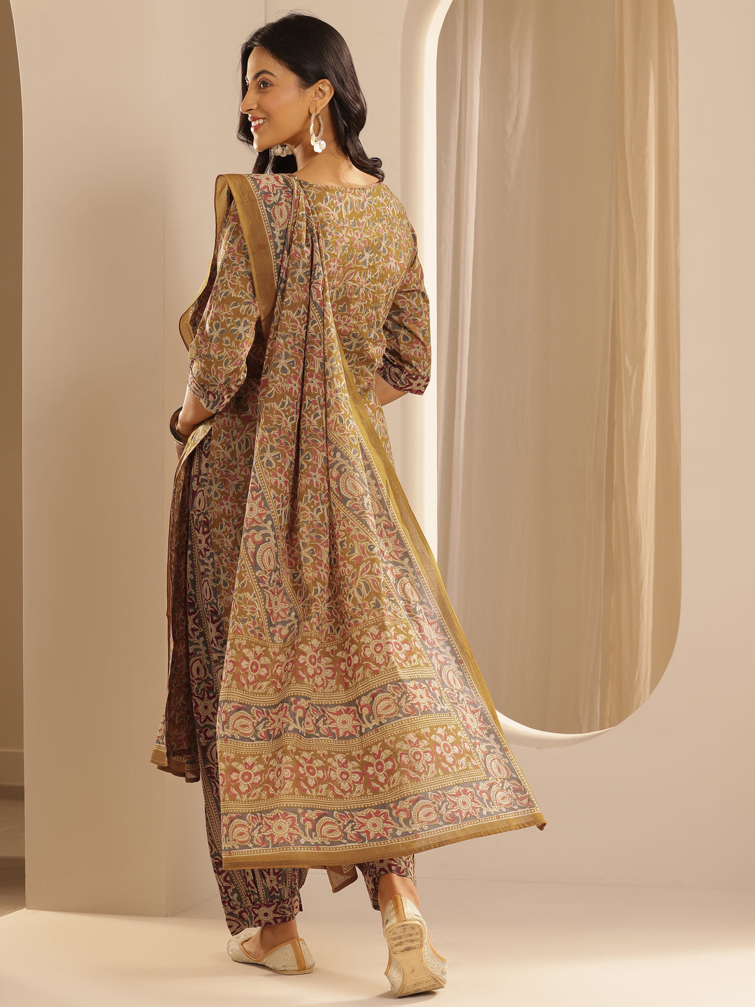 Mustard Printed Cotton Straight Suit With Dupatta