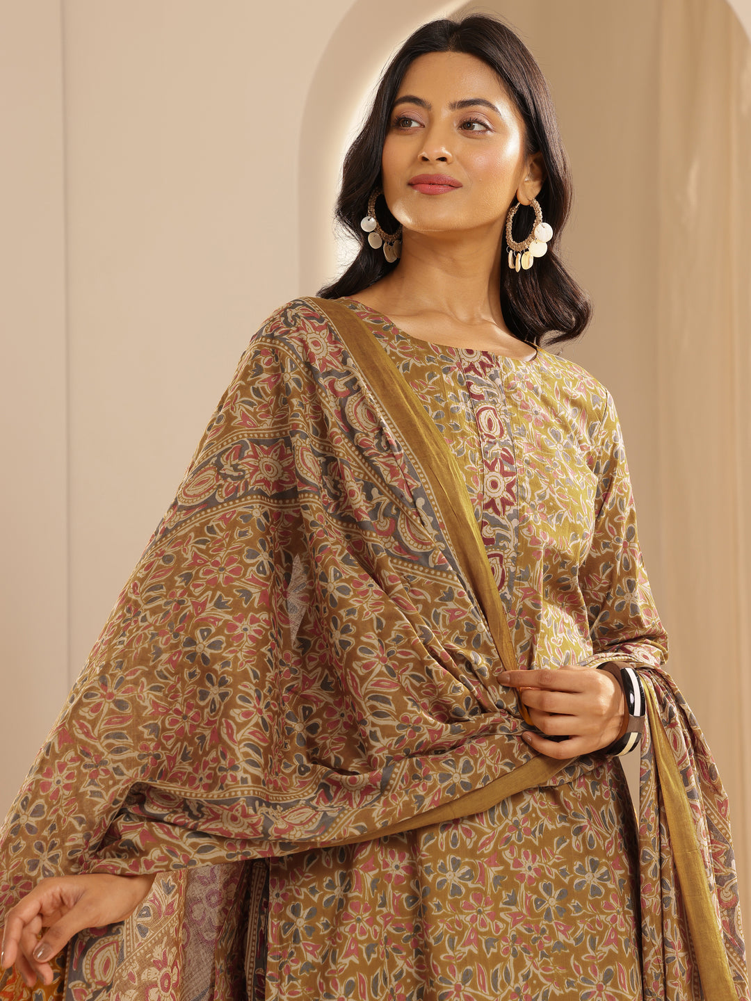 Mustard Printed Cotton Straight Suit With Dupatta