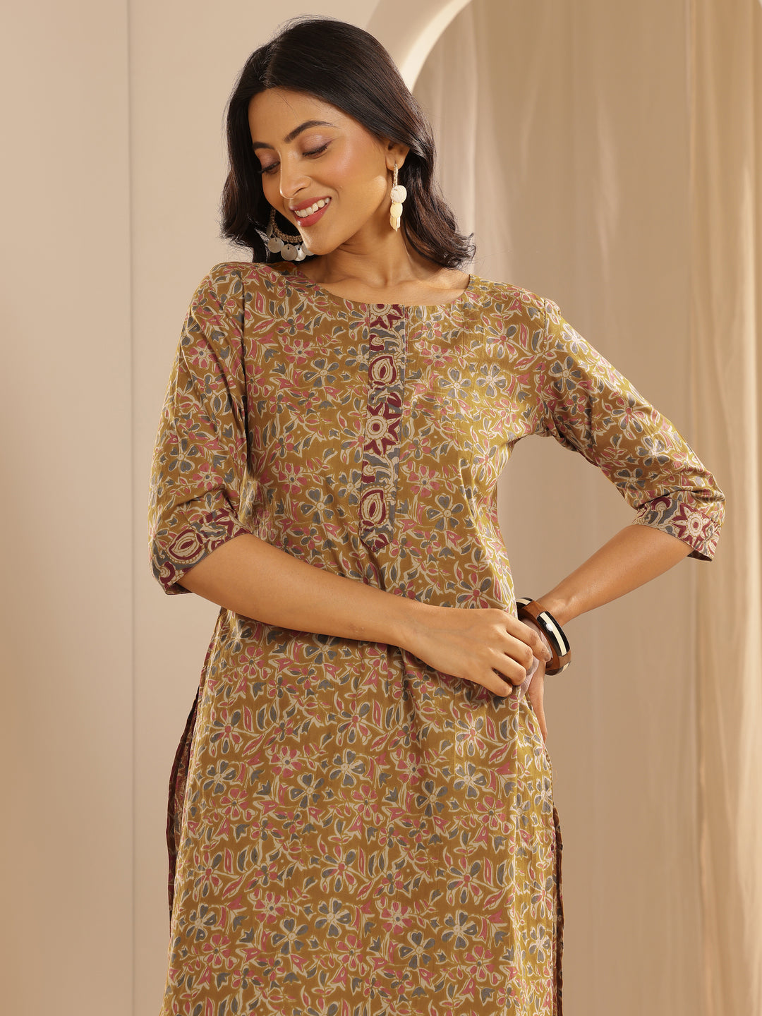 Mustard Printed Cotton Straight Suit With Dupatta