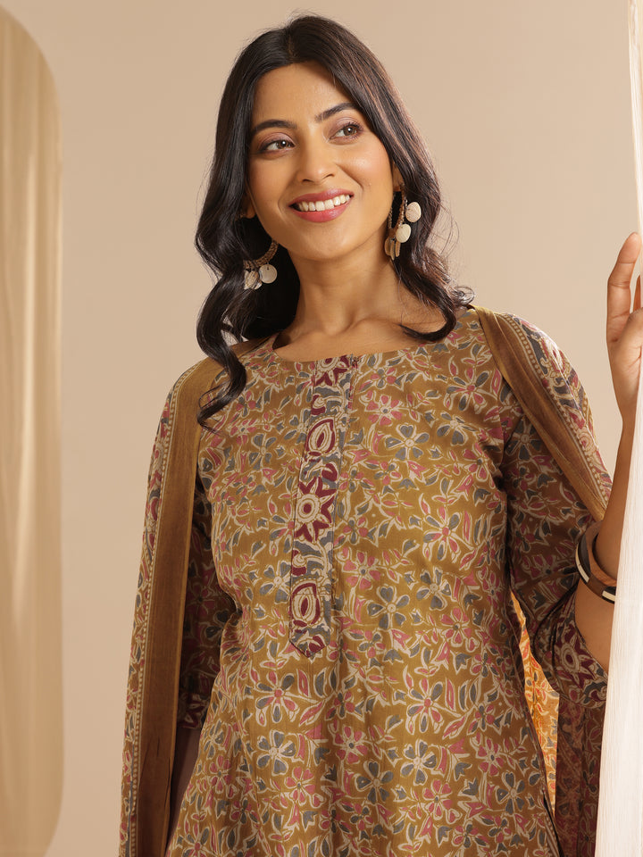 Mustard Printed Cotton Straight Suit With Dupatta