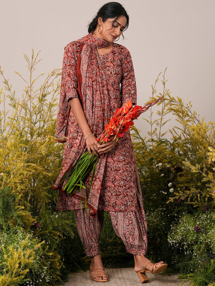 Rust Printed Pure Cotton Straight Suit Set With Dupatta