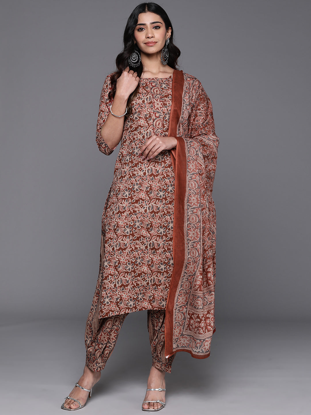 Rust Printed Pure Cotton Straight Suit Set With Dupatta