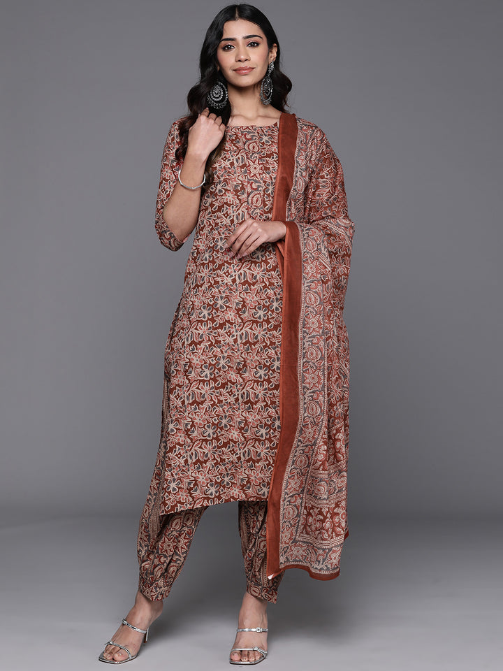 Rust Printed Pure Cotton Straight Suit Set With Dupatta