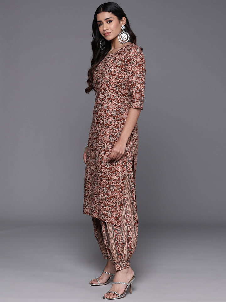 Rust Printed Pure Cotton Straight Suit Set With Dupatta