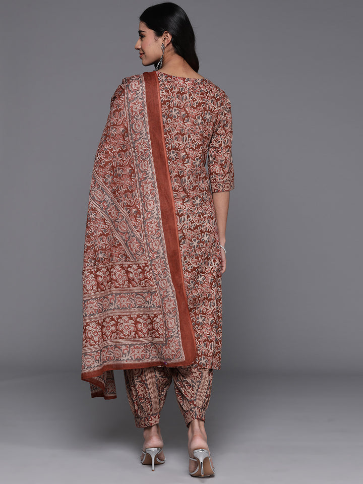 Rust Printed Pure Cotton Straight Suit Set With Dupatta