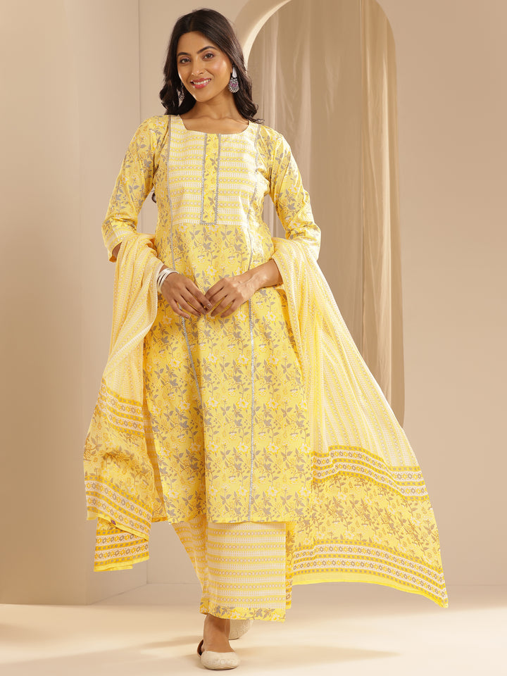 Yellow Printed Cotton Straight Suit With Dupatta