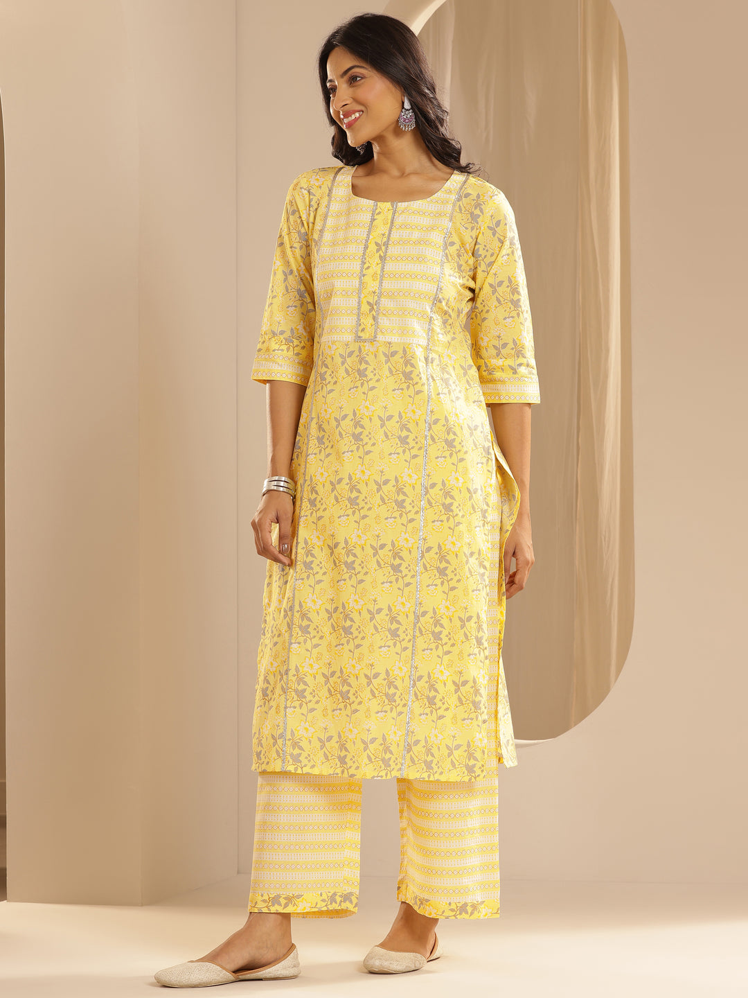 Yellow Printed Cotton Straight Suit With Dupatta