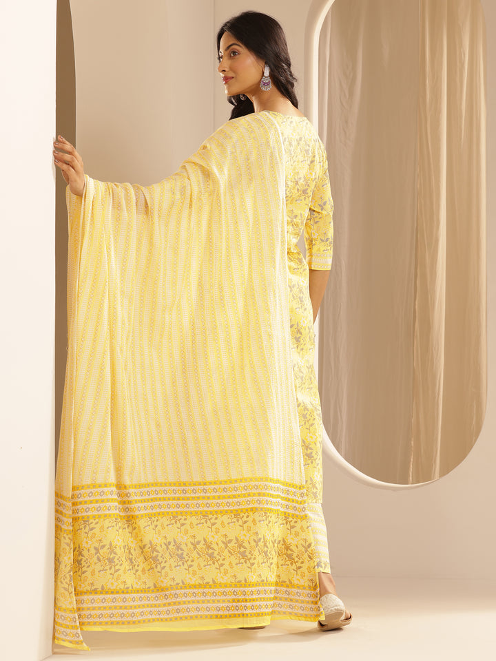 Yellow Printed Cotton Straight Suit With Dupatta