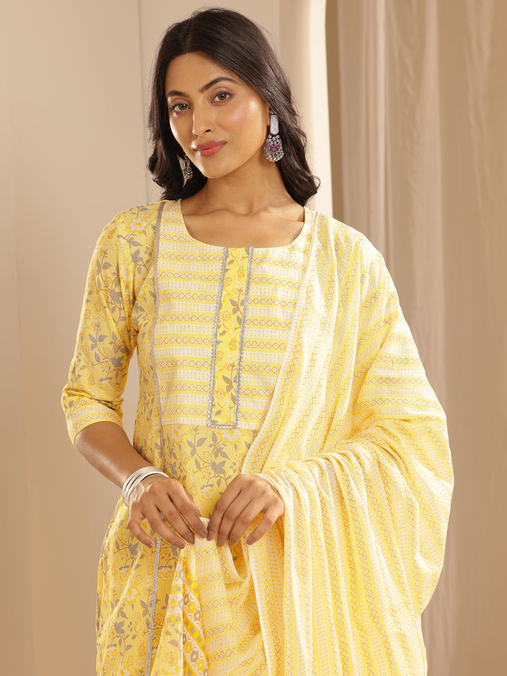 Yellow Printed Cotton Straight Suit With Dupatta