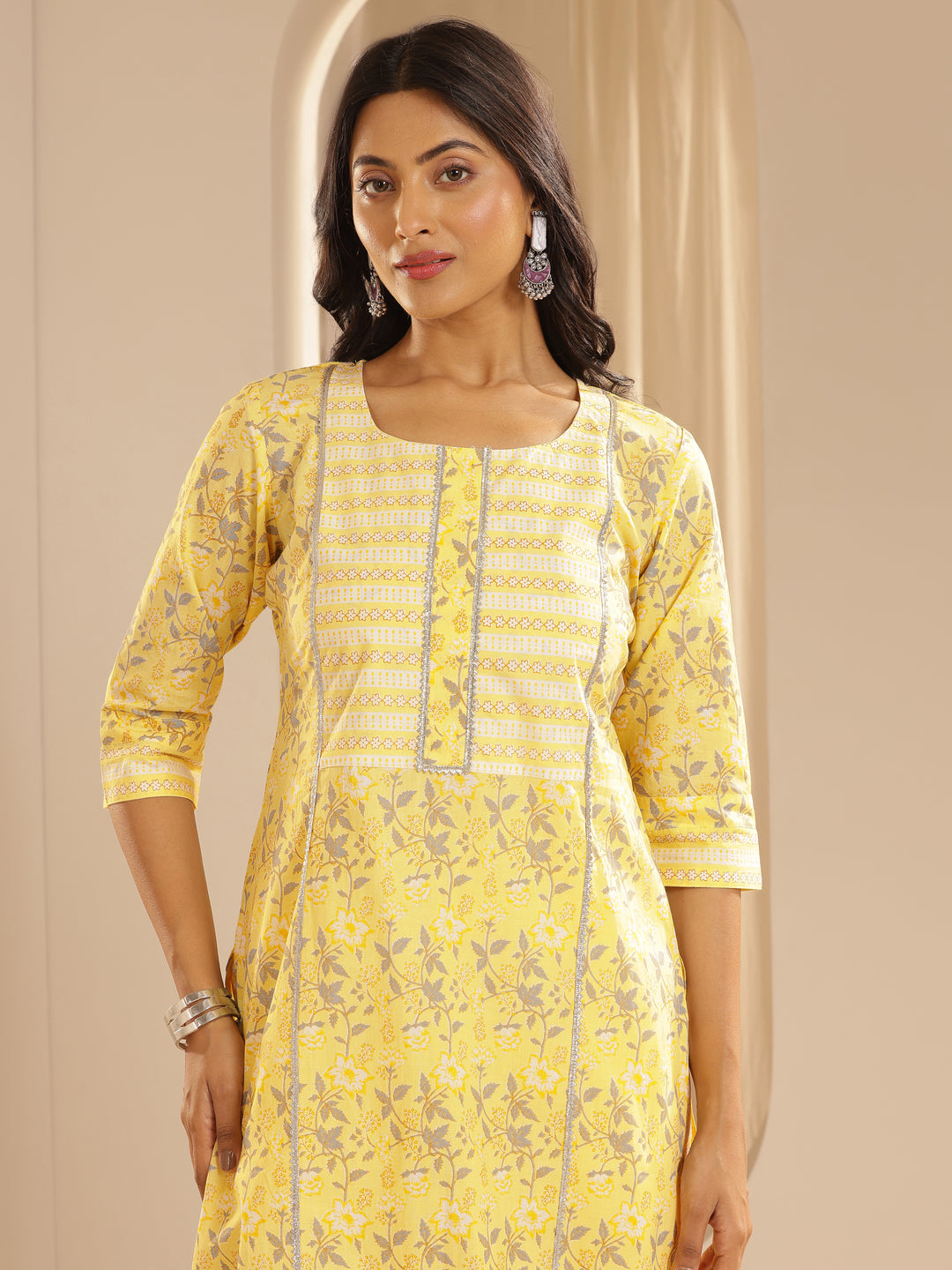 Yellow Printed Cotton Straight Suit With Dupatta