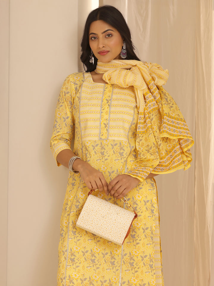 Yellow Printed Cotton Straight Suit With Dupatta