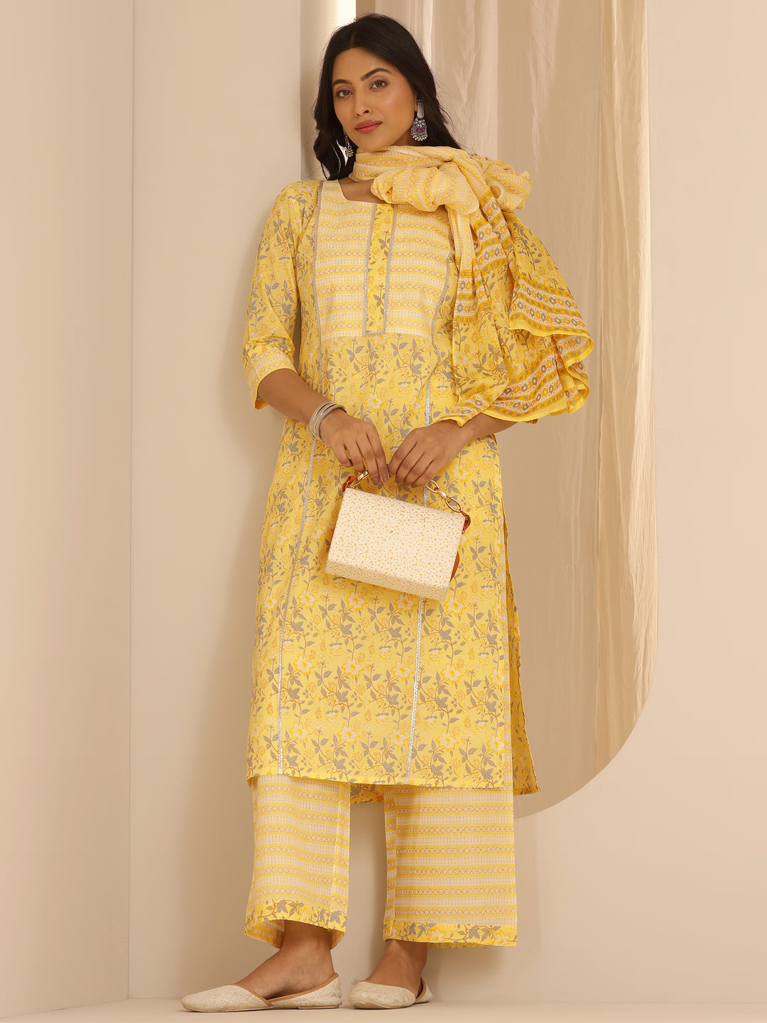 Yellow Printed Cotton Straight Suit With Dupatta